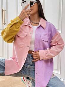 SHEIN EZwear Colorblock Flap Pocket Drop Shoulder Corduroy Coat - Multicolor - View 5