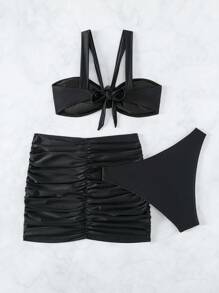 SHEIN Swim Appliques Ruched Bikini Set With Beach Skirt - Black - View 8