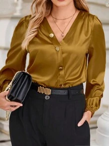 SHEIN Clasi 纯色前扣缎面衬衫 金色衬衫棕色衬衫 优雅金色衬衫丝绸衬衫 - 黃色 - 查看 1