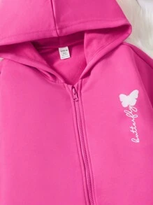 青少年女孩蝴蝶和字母圖案吊帶上衣和運動褲和拉鏈連帽衫 - 玫紅色 - 查看 4