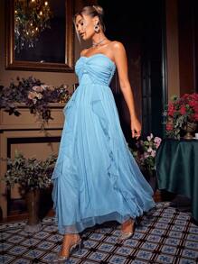 Glamaker Twist Front Ruffle Trim Mesh Overlay Tube Formal Dress - Blue - View 1
