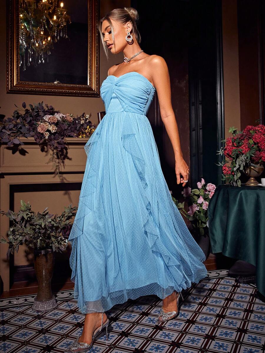 Glamaker Twist Front Ruffle Trim Mesh Overlay Tube Formal Dress - Blue - View 1