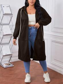 SHEIN Essnce 加大码拉链抽绳卫衣 - 棕色 - 查看 4