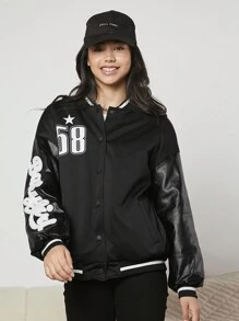 Teen Girl Letter Patched Drop Shoulder Varsity Jacket - Black - View 6