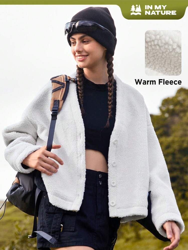 Solid Button Front Outdoor Fleece Jacket