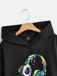SHEIN EZwear Plus Size Headphone Print Drop Shoulder Sweatshirt - Black - View 4