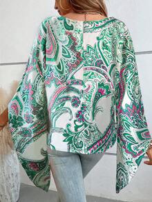 SHEIN VCAY 佩斯利印花蝙蝠袖不對稱下擺襯衫 - 綠色 - 查看 2