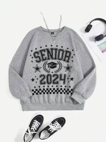 Flirla Áo nỉ tay rớt vai in chữ Plus, áo nỉ chui đầu mùa thu. - Xám - Xem 1