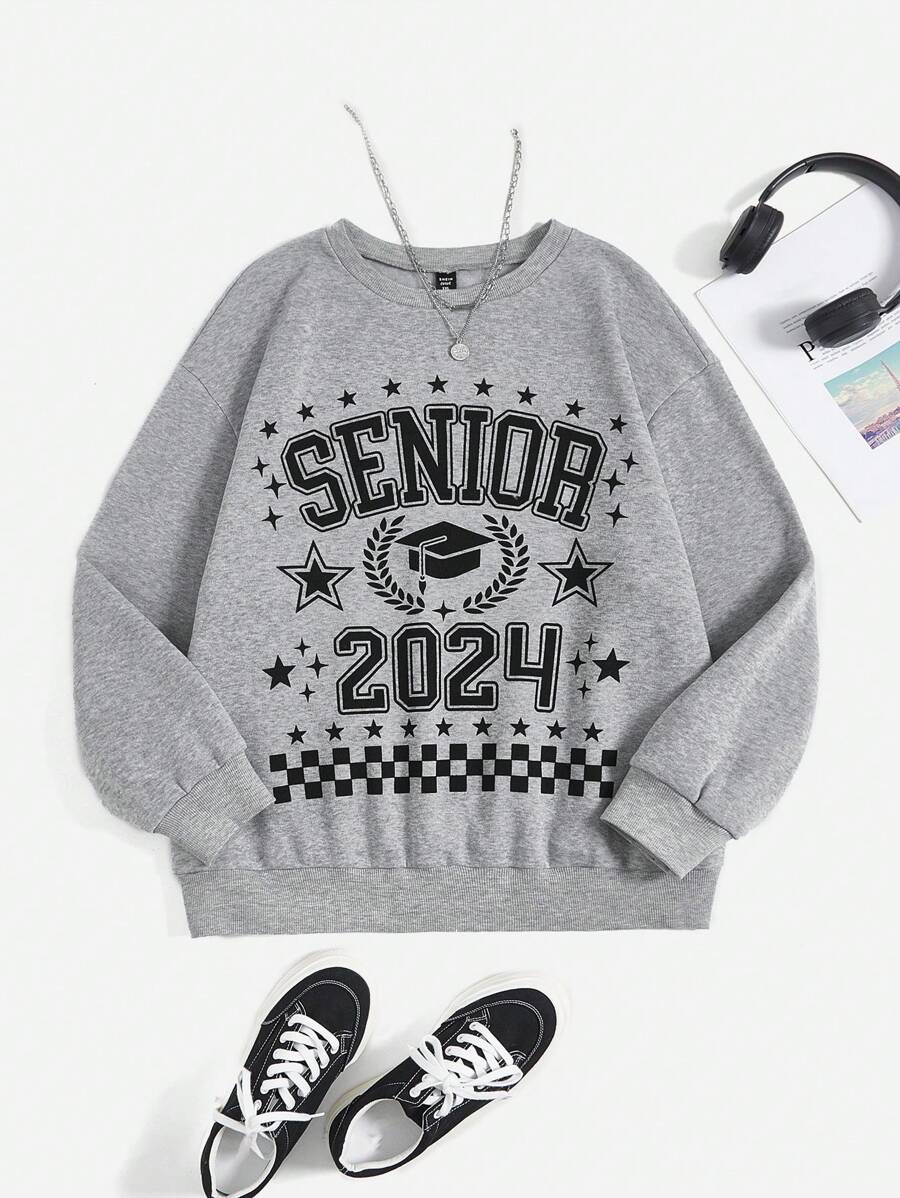 Flirla Áo nỉ tay rớt vai in chữ Plus, áo nỉ chui đầu mùa thu. - Xám - Xem 1