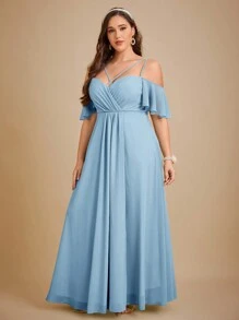 SHEIN Belle 大碼挖肩荷葉邊超長伴娘洋裝 - 淺藍色 - 查看 3