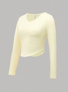 Teen Girl Solid Pocket Patched Curved Hem Tee - Beige - View 3