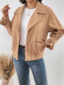 SHEIN LUNE Drop Shoulder Slant Pocket Button Front Overcoat - Camel - View 5