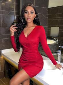 Glamine Charm Surplice Neck Wrap Ruched Side Tulip Hem Bodycon Dress - Burgundy - View 4