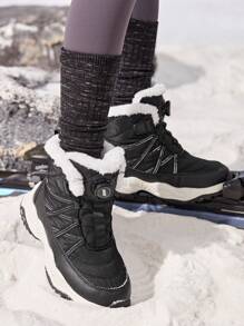 Fashionable Color-block Boys' Snow Boots With Comfortable Flat Sole, Warm Plush Lining And Rotating Buckle - Black - View 1