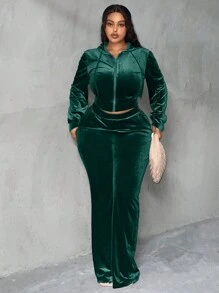 Slaydiva Hơn Dây kéo Dây rút áo có mũ Áo khoác & Quần ống loe - Màu xanh lá cây đậm - Xem 5