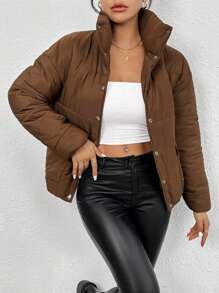 SHEIN Essnce 纯色按扣加厚棉服冬季 - 棕色 - 查看 1