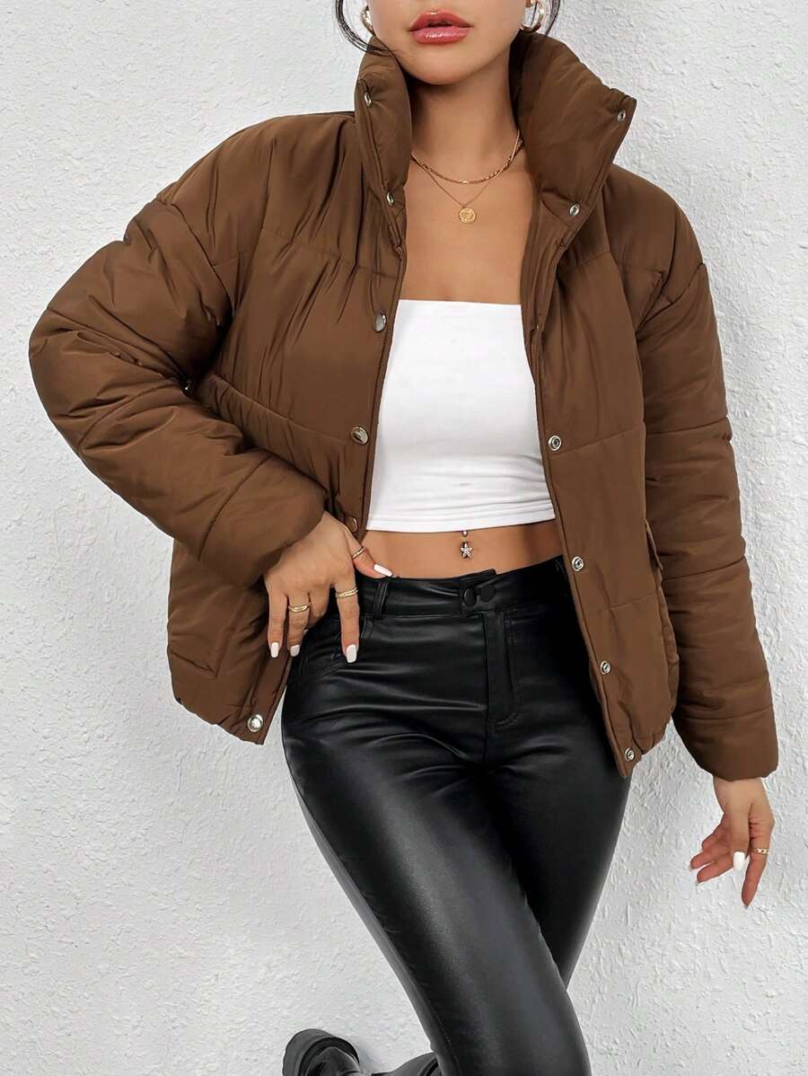 SHEIN Essnce 纯色按扣加厚棉服冬季 - 棕色 - 查看 1