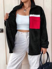 SHEIN Unity Plus Color Block Flap Pocket Drop Shoulder Teddy Coat - Multicolor - View 6
