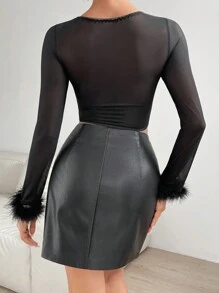 Zolique Fuzzy Cuff Square Neck Fuzzy Cuff Mesh Panel Crop Top - Black - View 2