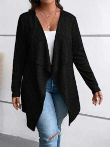 SHEIN LUNE Plus Waterfall Collar Open Front Coat Winter Autumn - Black - View 6