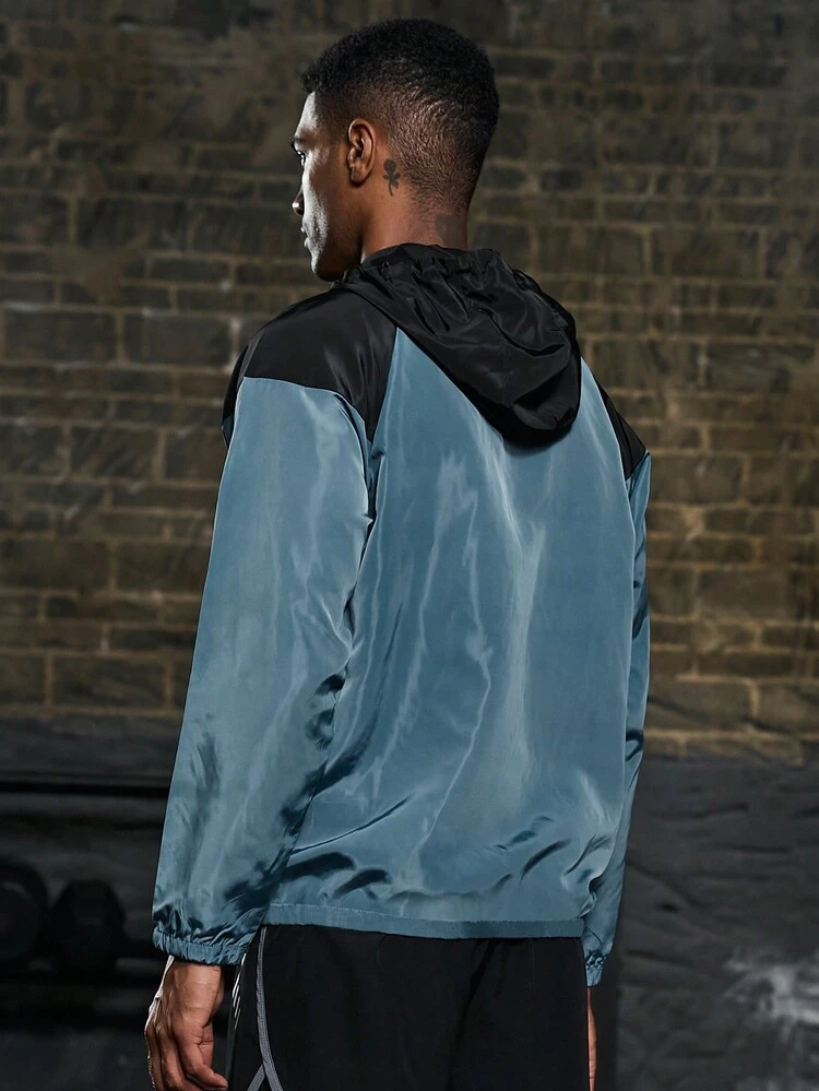 Men Letter Graphic Colorblock Zip Up Hooded Sports Jacket Workout Tops Sports Jacket