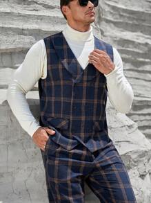 EASEVO Men Plus Plaid Print Shawl Collar Blazer Vest & Suit Pants Without Tee - Navy Blue - View 5