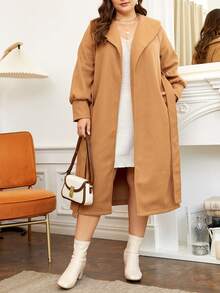 SHEIN Franclia 大碼翻領腰帶花呢外套 - 駝色 - 查看 4