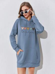 SHEIN EZwear 愛心和字母圖案袋鼠口袋落肩袖抽繩連帽洋裝 - 藍色 - 查看 3