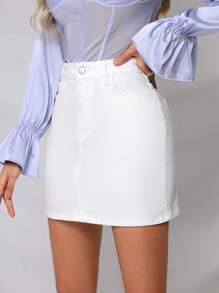 SHEIN Privé 高腰牛仔半身裙 - 白色 - 查看 3