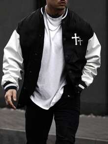 Manfinity 男士十字印花棒球夾克 - 黑與白 - 查看 4