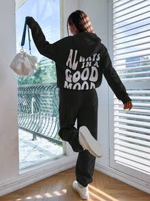 SHEIN Unity 標語圖案落肩袖連帽衫和運動褲 - 黑色 - 查看 2