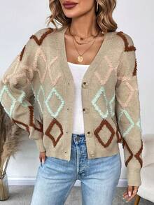 SHEIN Essnce 菱形印花落肩袖開襟衫 - 彩色 - 查看 5