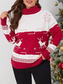 SHEIN LUNE Talla grande Jersey con patrón de Navidad cuello alto de hombros caídos - Multicolor - Ver 1