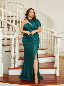 seomiscky 大碼不對稱領高衩亮片正式洋裝 - 綠色 - 查看 3