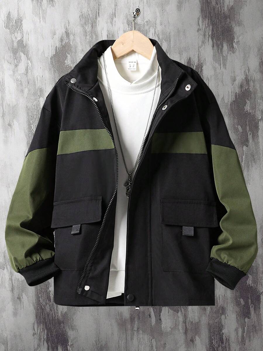 Tween Boy 1pc Two Tone Flap Pocket Zip Up Jacket - Army Green - View 1