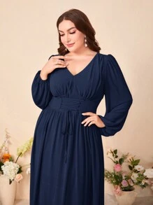 Modelyn 大码灯笼袖系带腰连衣裙 - 藏蓝色 - 查看 3