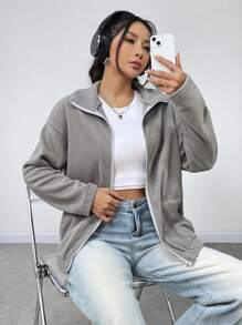 SHEIN Unity Drop Shoulder Zip Up Drop Shoulder Fleece Coat - Light Grey - View 5