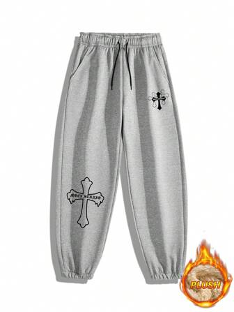 Men Cross Print Drawstring Waist Thermal Lined Pants
