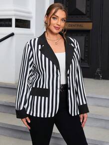 SHEIN Privé Plus Striped Print Lapel Neck Blazer - Black and White - View 4