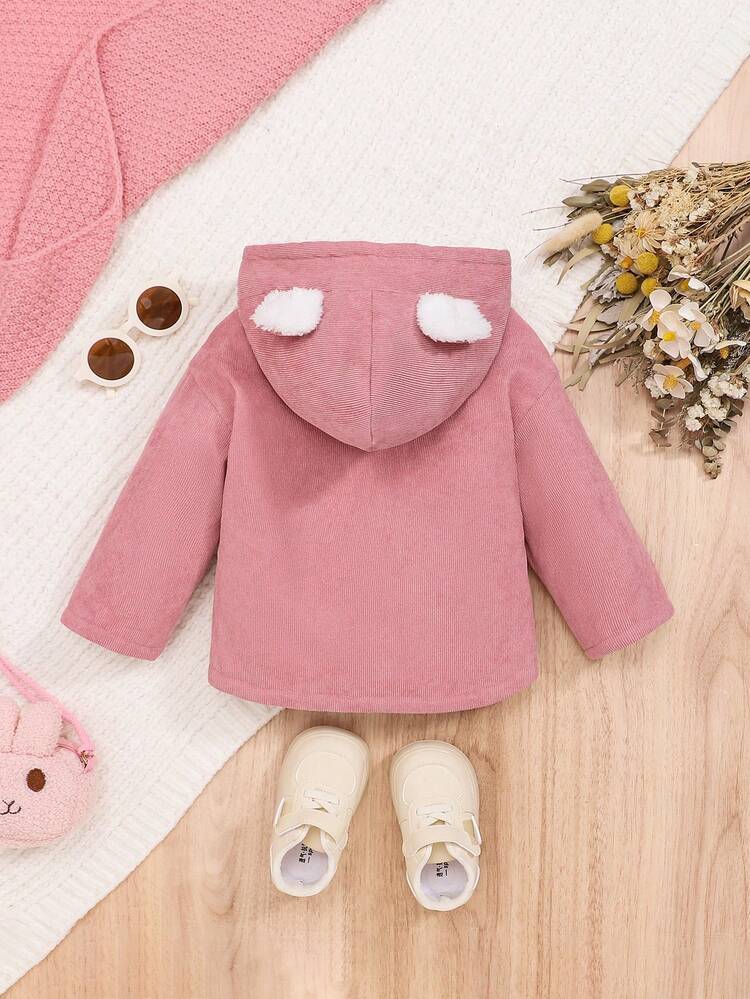 Baby Girl Panda Embroidery 3D Ear Design Teddy Lined Hooded Coat