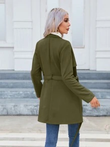 SHEIN Privé 拉鏈開襟斜口袋腰帶仿麂皮外套 - 墨綠色 - 查看 3