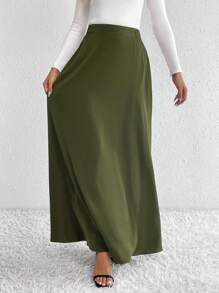 SHEIN Tall Falda larga unicolor de talle alto línea A - Verde Oscuro - Ver 4