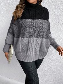 Calvaya Plus Colorblock Turtleneck Cable Knit Raglan Sleeve Sweater Knit Pullover Fall Winter Outfit