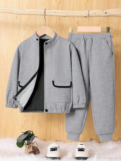 SHEIN 3 件套幼儿男童纯色羊毛夹克、长袖 T 恤、长裤、加厚冬装