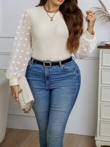 Calvaya Plus Swiss Dot Lantern Sleeve Top - Apricot - View 3