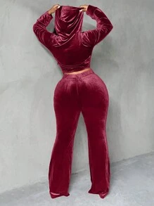 Slaydiva Áo khoác có mũ trùm đầu có dây rút và quần ống loe, mùa đông - Màu Đỏ Sâu - Xem 2