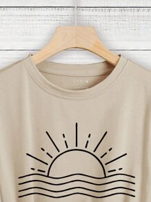 SHEIN LUNE 太陽印花T恤 - 卡其色 - 查看 4