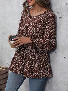 SHEIN LUNE 印花喇叭袖荷葉邊下擺襯衫 - 咖啡棕 - 查看 5