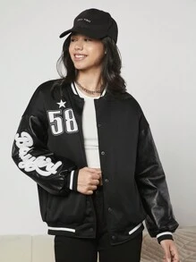 Teen Girl Letter Patched Drop Shoulder Varsity Jacket - Black - View 3