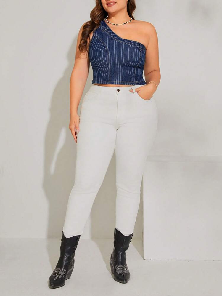 Plus Striped Print One Shoulder Crop Denim Top